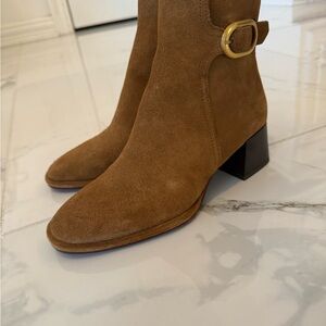 Zara Brown Suede Heeled Boots with Gold Accent